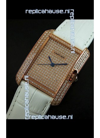 Cartier Tank Anglaise Ladies Replica Watch in Gold Case/White Strap