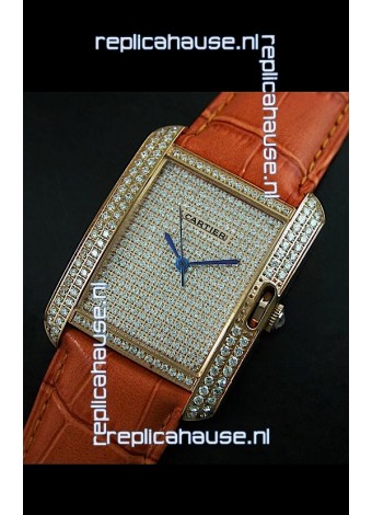 Cartier Tank Anglaise Ladies Replica Watch in Gold Case/Brown Strap