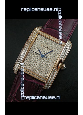 Cartier Tank Anglaise Ladies Replica Watch in Gold Case/Maroon Strap