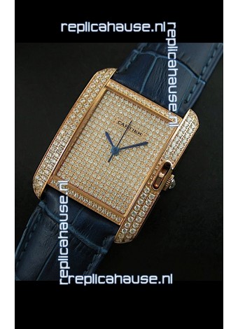 Cartier Tank Anglaise Ladies Replica Watch in Gold Case/Purple Strap