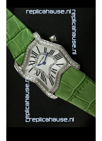 Cartier Tank Folle Ladies Replica Watch in Steel Case/Green Strap