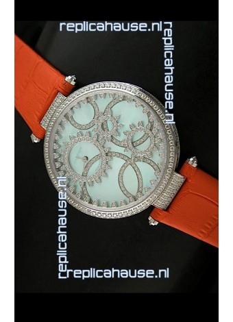 Cartier Replica Watch with Diamonds Embedded Dial Bezel in Steel Case/Orange Strap