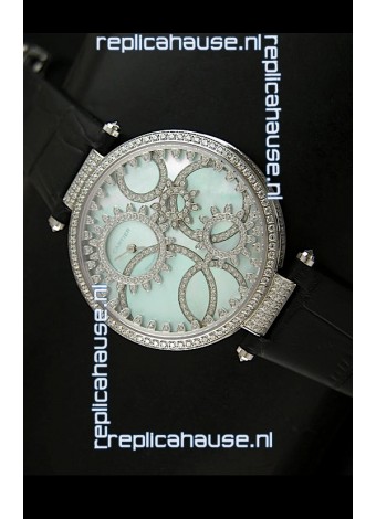 Cartier Replica Watch with Diamonds Embedded Dial Bezel in Steel Case/Black Strap