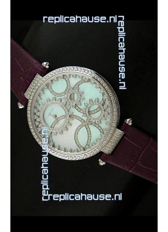 Cartier Replica Watch with Diamonds Embedded Dial Bezel in Steel Case/Maroon Strap