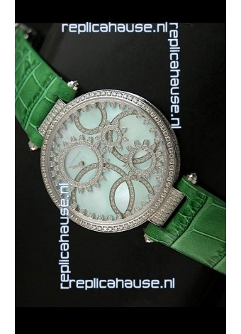 Cartier Replica Watch with Diamonds Embedded Dial Bezel in Steel Case/Green Strap