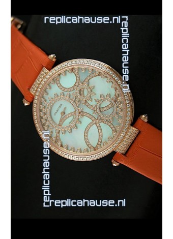 Cartier Replica Watch with Diamonds Embedded Dial Bezel in Gold Case/Orange Strap