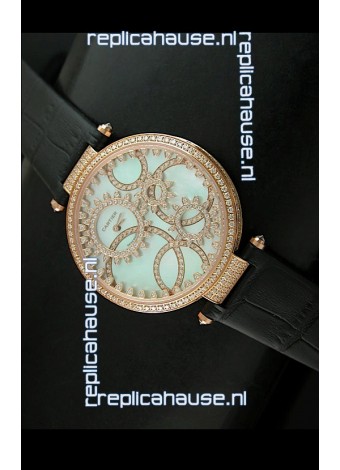 Cartier Replica Watch with Diamonds Embedded Dial Bezel in Gold Case/Black Strap