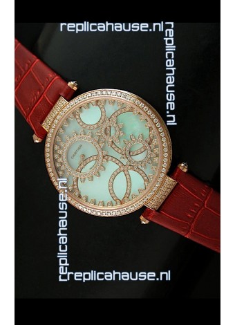 Cartier Replica Watch with Diamonds Embedded Dial Bezel in Gold Case/Brown Strap