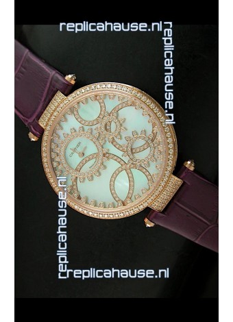 Cartier Replica Watch with Diamonds Embedded Dial Bezel in Gold Case/Maroon Strap