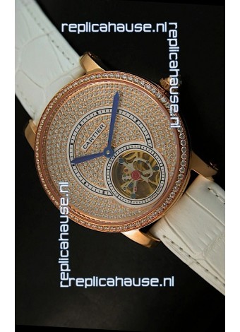 Ronde De Cartier Tourbillon Replica Watch Pink Gold Case - White Strap