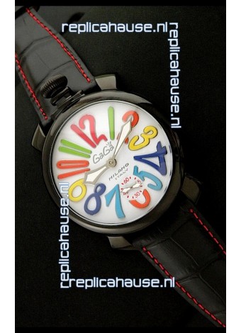 Gaga Milano Italy Japanese Replica PVD Watch in Black Leather Strap