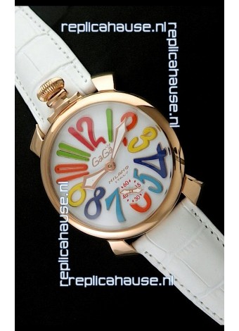 Gaga Milano Italy Japanese Replica Rose Gold Watch in White Dial