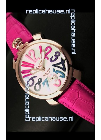 GaGa Milano Japanese Handwind Movement in Pink Strap - Pink Gold Casing