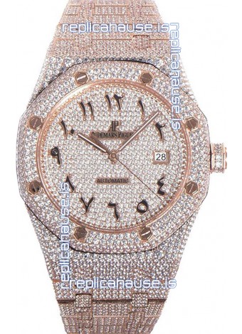 Audemars Piguet Royal Oak 15400 Iced Out Arabic Dial in Rose Gold Casing Swiss Replica Watch