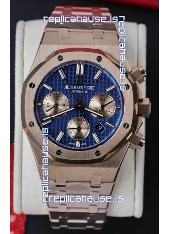 Audemars Piguet Royal Oak Chronograph Rose Gold Blue Dial Steel Strap Swiss Replica Watch