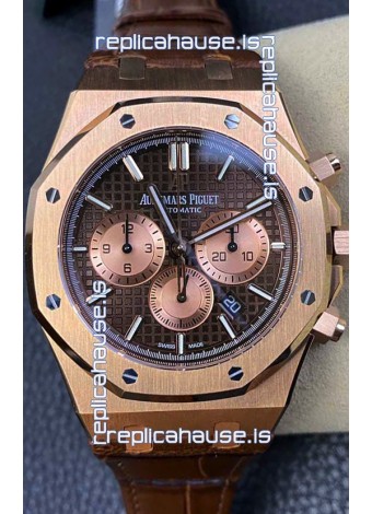Audemars Piguet Royal Oak Chronograph Rose Gold Brown Dial Leather Strap Swiss Replica Watch
