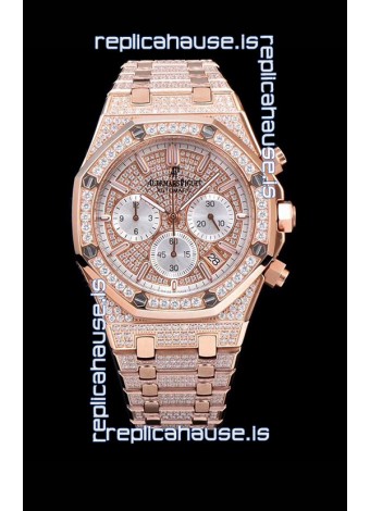 Audemars Piguet Royal Oak Chronograph 41MM Swiss Quartz Watch with Diamonds Embedded Casing in Rose Gold