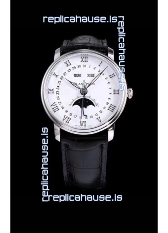 Blancpain "Villeret Quantième Complet" 904L Steel Swiss Watch in White Dial