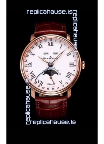Blancpain "Villeret Quantième Complet" 904L Steel Rose Gold Watch in White Dial