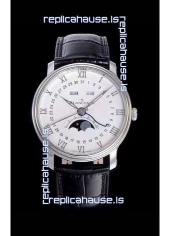 Blancpain "Villeret Quantième Complet" 904L Steel Swiss Watch in Off-White Dial