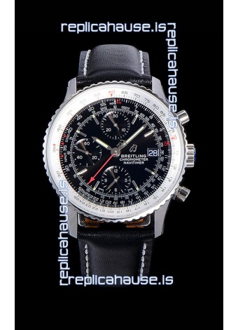 Breitling Navitimer 1 Chronograph 41MM Swiss Watch Black Dial in 904L Steel - Leather Strap