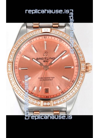 Breitling Chronomat 36MM 2 Tone Rose Gold Casing 1:1 Mirror Replica Watch Salmon Dial