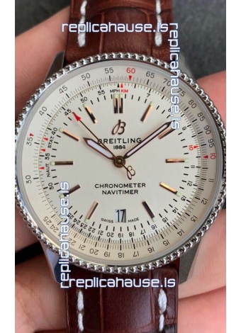 Breitling Navitimer 1 Automatic Swiss Replica Watch in White Dial - Brown Leather Strap