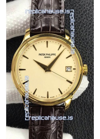 Patek Philippe Calatrava 5227J-001 Pale Yellow Dial 1:1 Mirror Swiss Replica Yellow Gold Casing