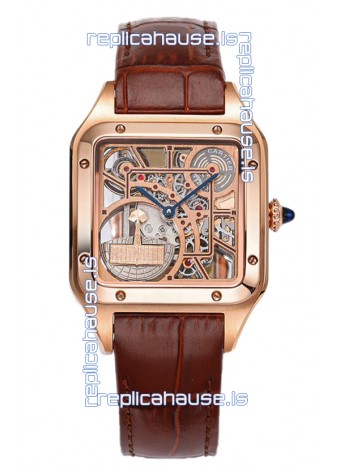 Cartier Santos Dumont Skeleton Rose Gold Watch in Brown Leather Strap 43.5MM