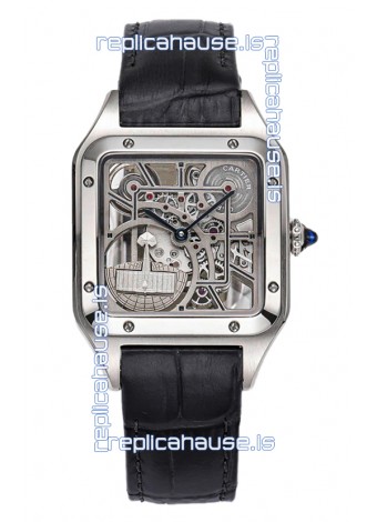 Cartier Santos Dumont Skeleton Stainless Steel Watch in Black Leather Strap 43.5MM