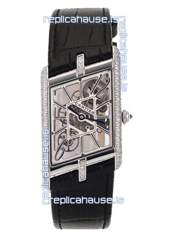Cartier Tank Asymétrique Stainless Steel Casing Diamonds Bezel Watch in Leather Strap Swiss Replica