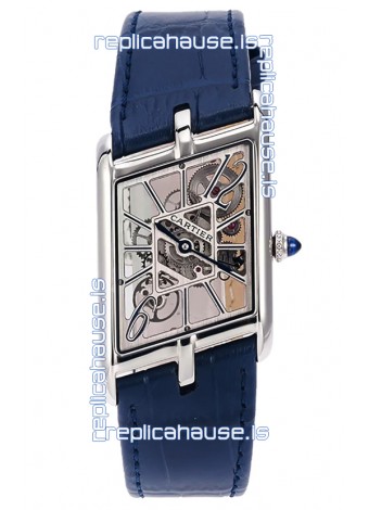 Cartier Tank Asymétrique Stainless Steel Casing Blue Strap Watch in Leather Strap Swiss Replica