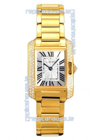 Cartier Tank Anglaise Yellow Gold Watch in Steel Strap Diamonds Bezel Swiss Quartz Watch 30MM