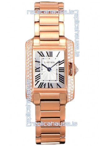 Cartier Tank Anglaise Rose Gold Watch in Steel Strap Diamonds Bezel Swiss Quartz Watch 30MM