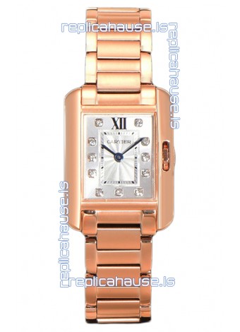 Cartier Tank Anglaise Rose Gold Watch in Steel Strap Diamonds Markers Swiss Quartz Watch 30MM