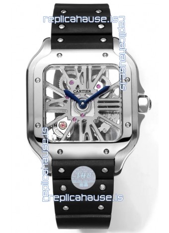 Santos De Cartier Watch in Skeleton Dial - Stainless Steel Casing & Bezel Black Rubber Strap