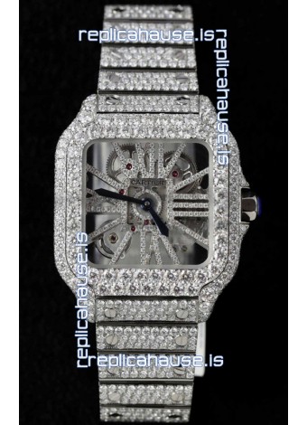 Santos De Cartier Watch in Skeleton Dial - MOSSANITES Paved Edition Swiss Replica Watch