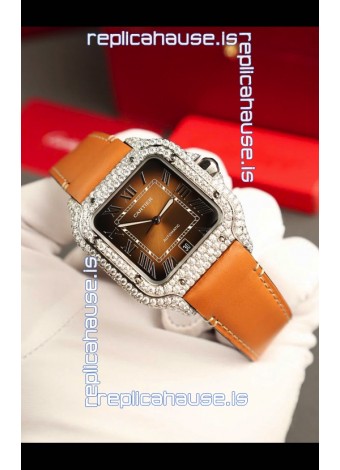 Santos De Cartier Watch in Brown Dial 39.50MM MOSSANITES Paved Bezel Swiss Replica Watch