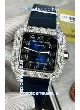Santos De Cartier Watch in Blue Dial 39.50MM MOSSANITES Paved Bezel Swiss Replica Watch