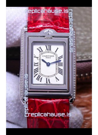Cartier Tank Reversible Swiss Quartz Replica Watch in Steel Casing - Red Strap