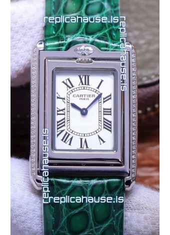 Cartier Tank Reversible Swiss Quartz Replica Watch in Steel Casing - Green Strap