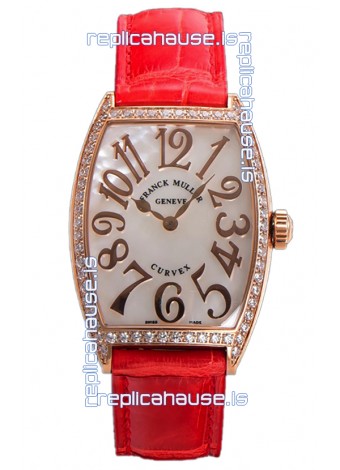 Franck Muller Cintree Curvex Mother of Pearl Dial Watch in Rose Gold Plating - Red Strap 