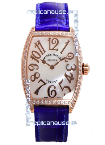 Franck Muller Cintree Curvex Mother of Pearl Dial Watch in Rose Gold Plating - Purple Strap 