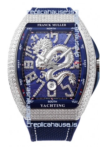 Franck Muller Vanguard Yachting Dragon V45 Blue Dial in Diamonds Bezel Swiss Replica