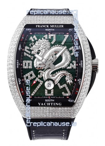 Franck Muller Vanguard Yachting Dragon V45 Green Dial in Diamonds Bezel Swiss Replica