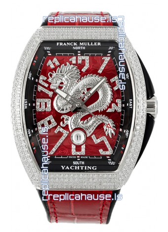 Franck Muller Vanguard Yachting Dragon V45 Red Dial in Gold Diamonds Bezel Swiss Replica