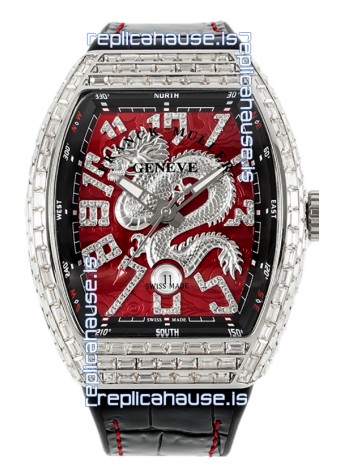 Franck Muller Vanguard Yachting Dragon V45 Red Dial in Square Diamonds Bezel Swiss Replica