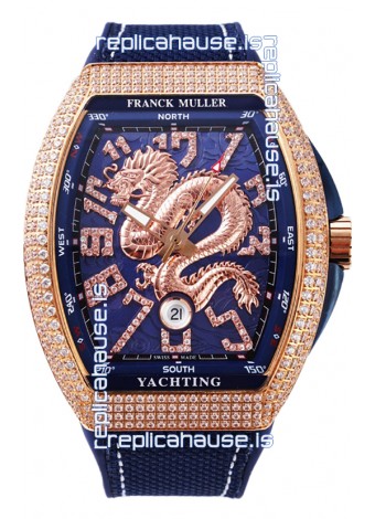 Franck Muller Vanguard Yachting Dragon V45 Blue Dial in Gold Diamonds Bezel Swiss Replica