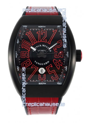 Franck Muller Vanguard in DLC Coated Casing Black Dial Swiss Replica Red Strap 