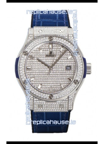 Hublot Classic Fusion Automatic Steel Diamonds Paved Dial Blue Strap 42MM Superclone Replica Watch 